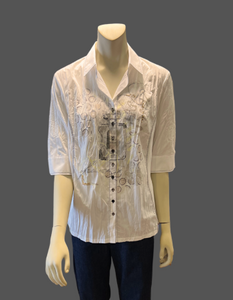 JUST WHITE  Short Sleeves & Glitz Accents Blouse